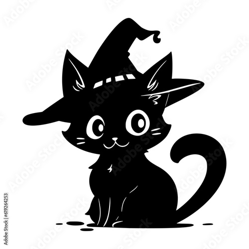 Cute kawaii black cat in witch hat. Black magic kitty silhouette. Anime cartoon style. Halloween trick or treat funny character. Vector flat illustration isolated on white background.