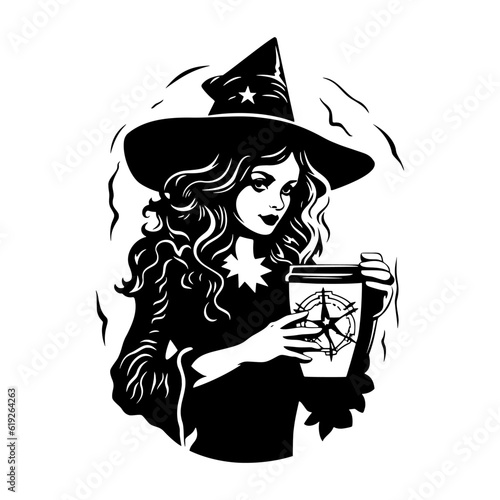 Woman in witch hat with coffee cup. Pumpkin spice latte, Halloween costume. Black silhouette. Hand drawn cartoon style. Vector flat illustration isolated on white background.