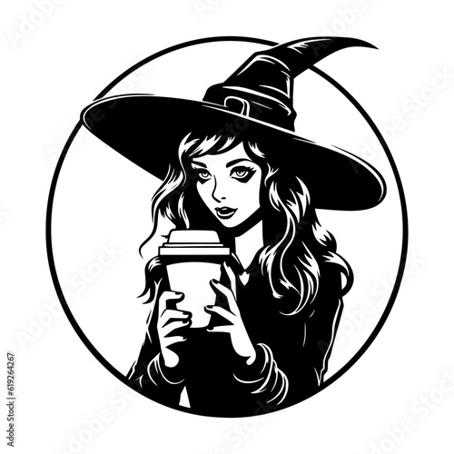 Woman in witch hat with coffee cup. Pumpkin spice latte, Halloween costume. Black silhouette. Hand drawn cartoon style. Vector flat illustration isolated on white background.