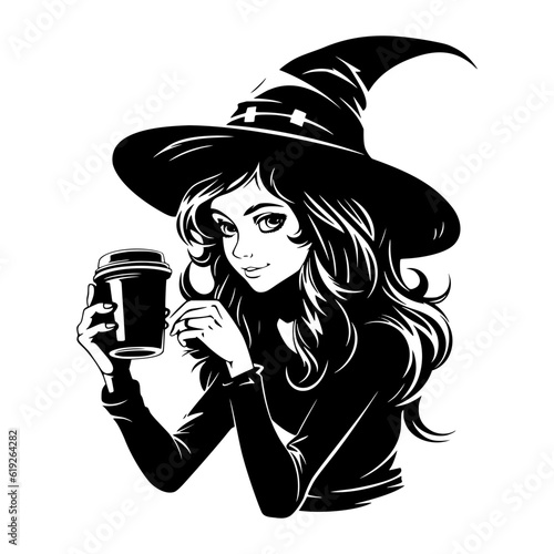 Woman in witch hat with coffee cup. Pumpkin spice latte, Halloween costume. Black silhouette. Hand drawn cartoon style. Vector flat illustration isolated on white background.
