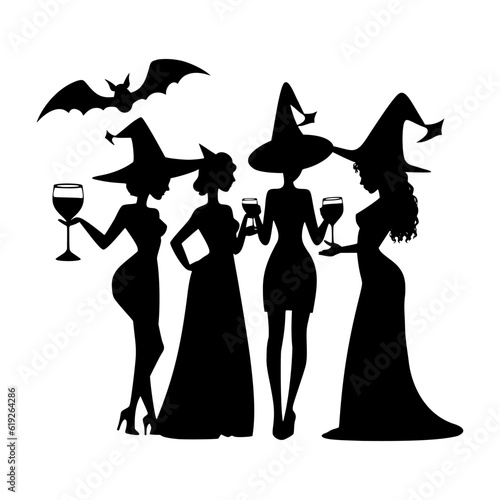 Witches at a Halloween party. Women in witch costume drink wine. Black silhouette. Hand drawn cartoon style. Vector flat illustration isolated on white background.