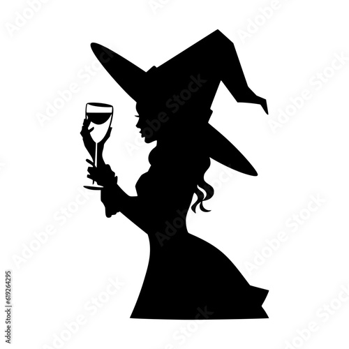 Pretty Witch at a Halloween party. Woman in witch costume drink wine. Black silhouette. Hand drawn cartoon style. Vector flat illustration isolated on white background.