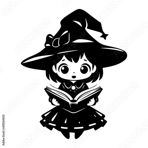 Cute kawaii witch in hat reading book. Black little witch silhouette. Anime cartoon style. Magic school. Halloween funny character. Vector flat illustration isolated on white background.