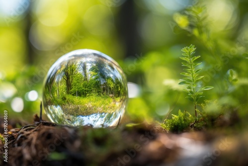glass ball resting on a bed of lush green moss