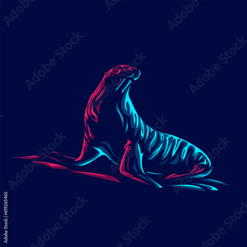 Walrush logo with colorful neon line art design with dark background. Abstract underwater animal vector illustration.
