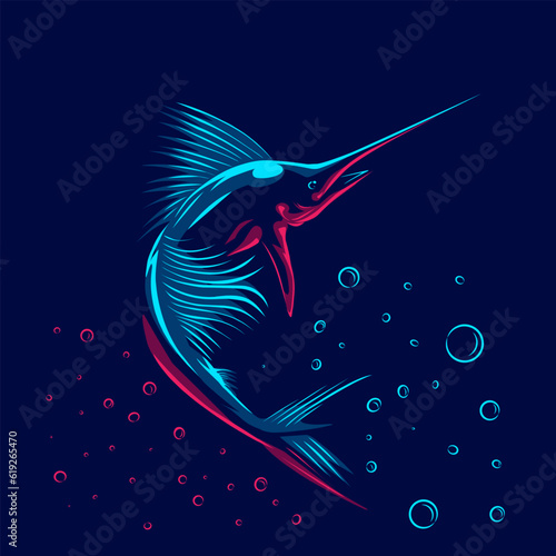 Black marlin logo with colorful neon line art design with dark background. Abstract underwater animal vector illustration.