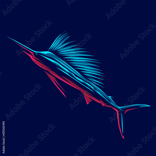Black marlin logo with colorful neon line art design with dark background. Abstract underwater animal vector illustration.