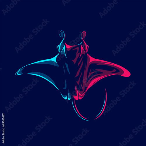 Manta ray logo with colorful neon line art design with dark background. Abstract underwater animal vector illustration.