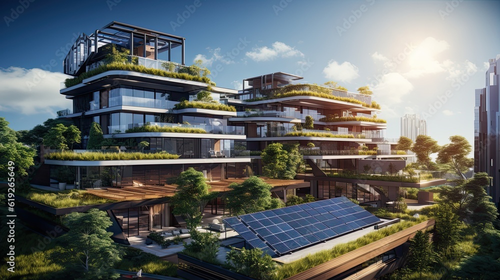 Modern residential buildings using solar power energy