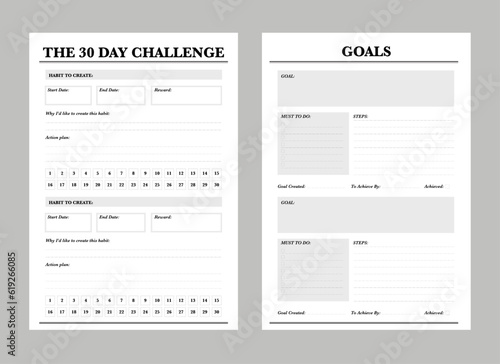 30 Chanllenge Goal Planner. Minimalist planner template set. Vector illustration. 