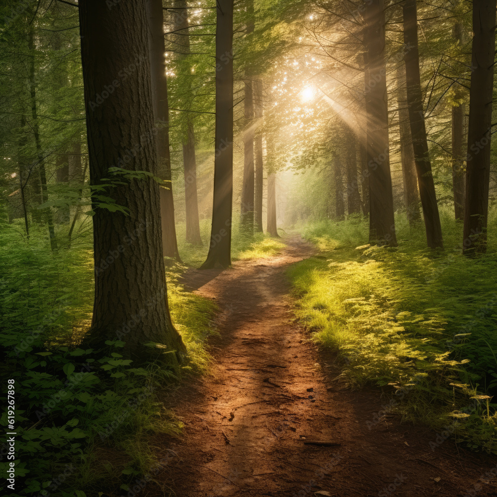 A calming and serene forest path with sunlight filtering through the trees providing a peaceful space for introspection with nature 