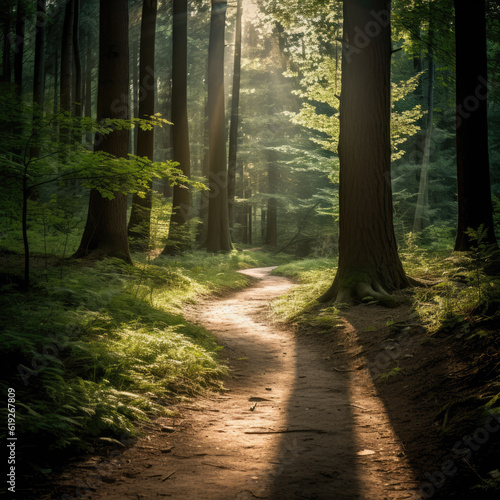 A calming and serene forest path with sunlight filtering through the trees providing a peaceful space for introspection and connection with nature generative AI