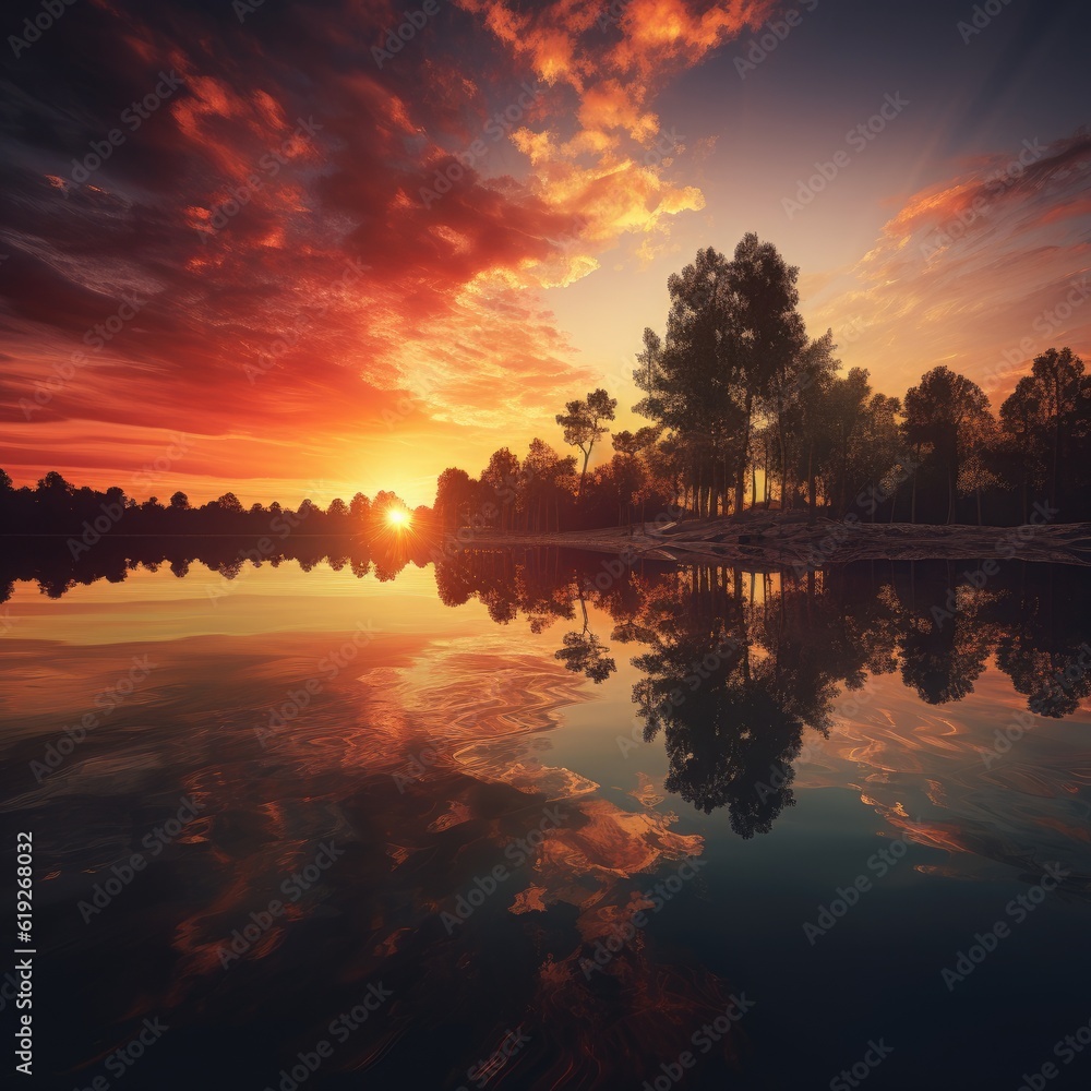 A calming and soothing sunset over a serene lake creating a serene and reflective ambiance that encourages inner peace tranquility and introspection 