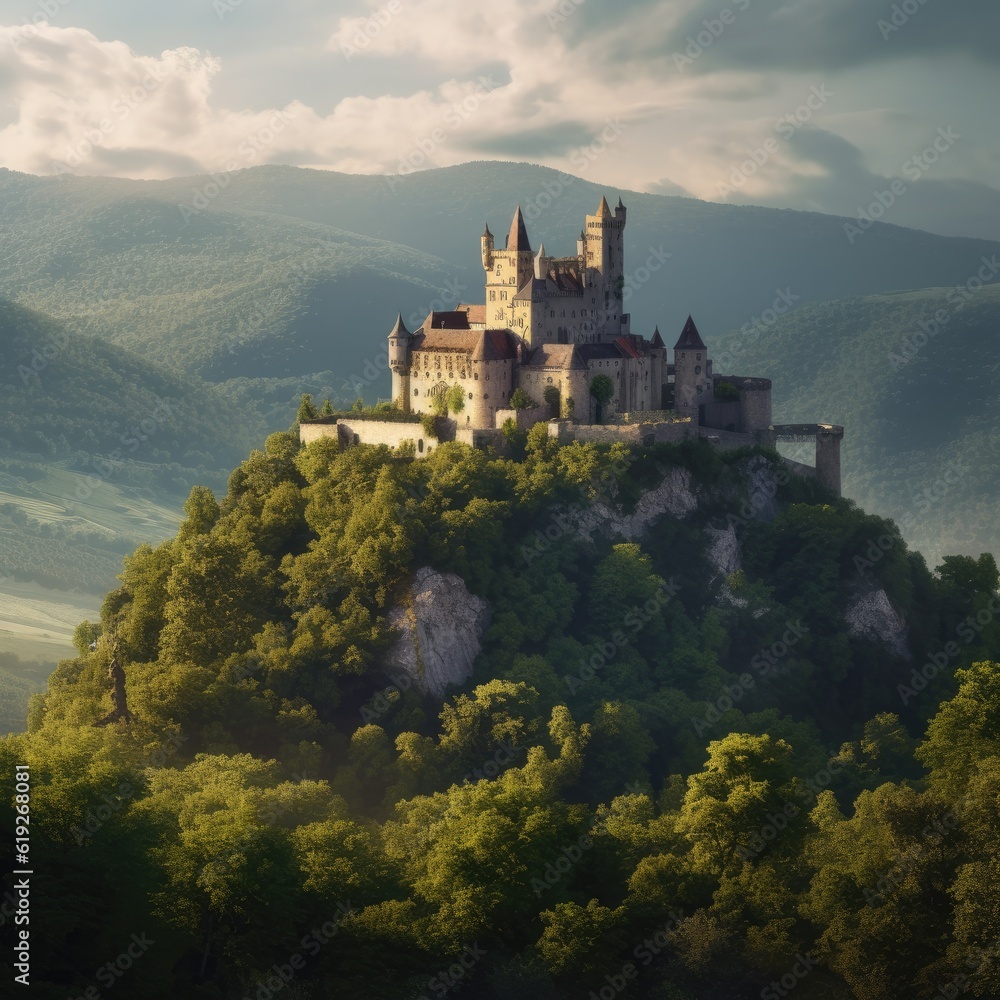 A charming medieval castle perched on a hilltop overlooking a lush green valley generative AI