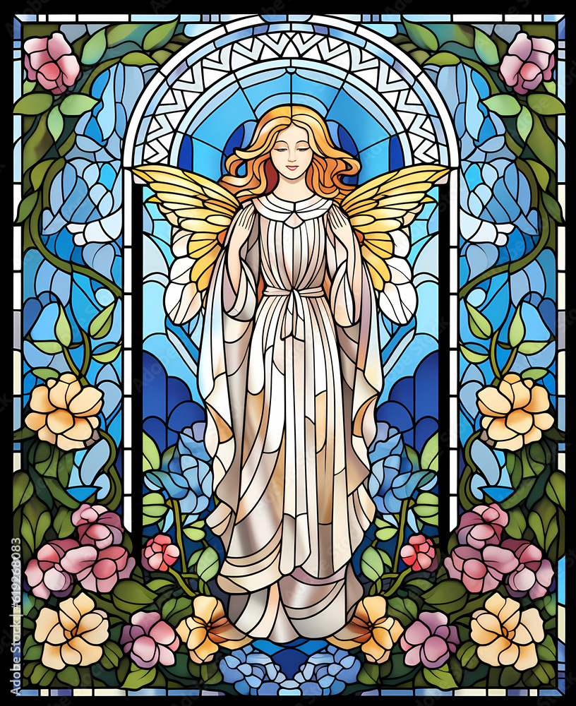 Stained glass angel in window art ilustración de Stock | Adobe Stock