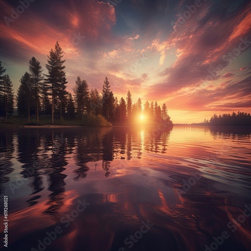 A calming and soothing sunset over a serene lake creating a serene and reflective ambiance that encourages inner peace tranquility and introspection 