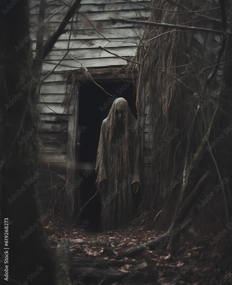 Your Worst Nightmare Cabin In The Woods Creepy stalking monster by a cabin in the woods nightmare scene Stock