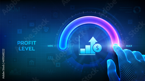 Increasing Profit Level. Wireframe hand is pulling up to the maximum position circle progress bar with the profit icon. Finance concept of profitability or return on investment. Vector illustration.