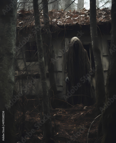 Creepy stalking monster by a cabin in the woods nightmare scene