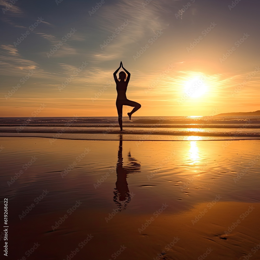Active woman practicing yoga on a beach at sunrise generative AI