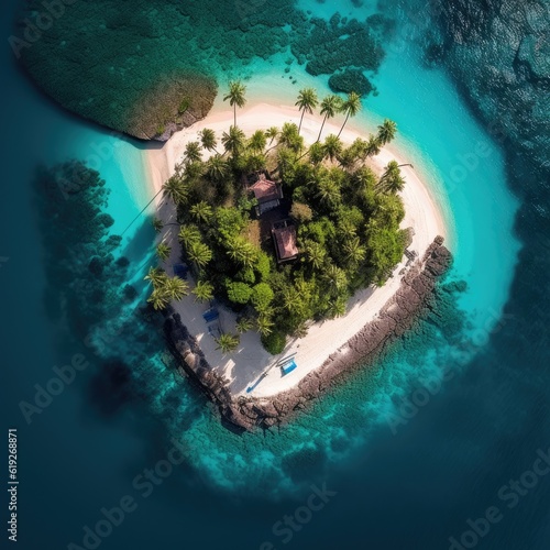 Aerial view of a tropical island paradise with turquoise waters 