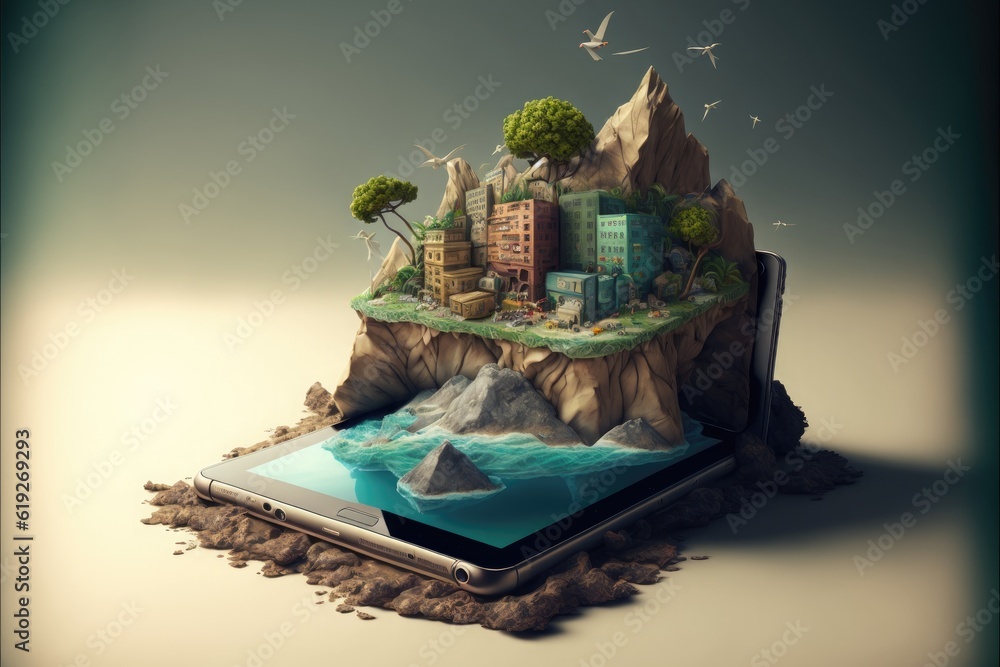 Digital device with landscape hill and buildings popping out