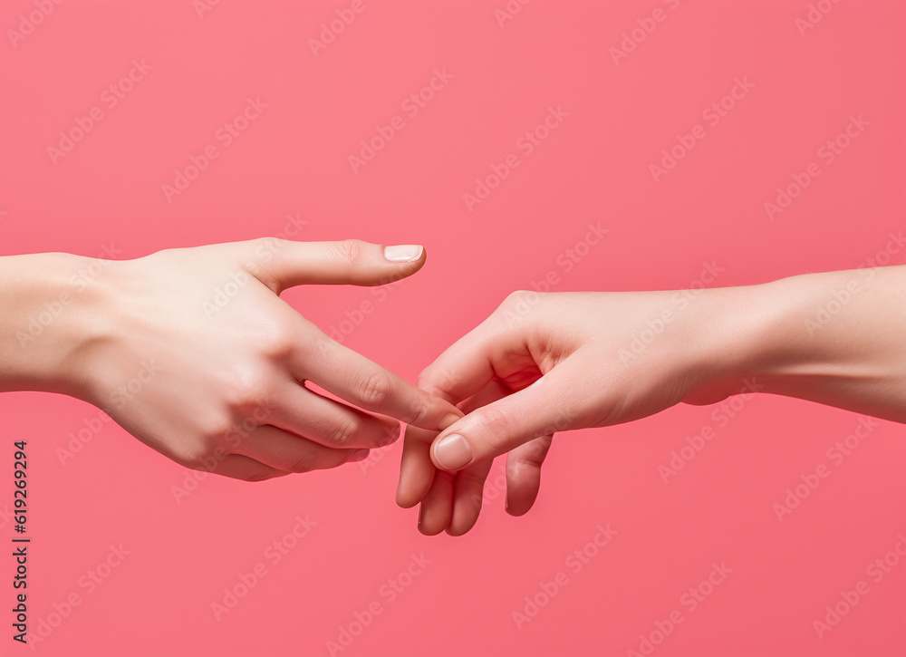 two hands reaching each other in pink on the background. Generative AI