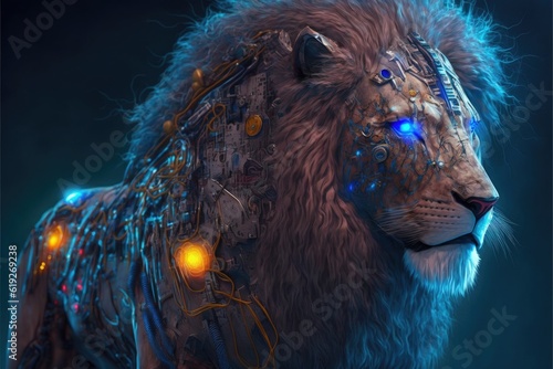 Cyborg lion portrait with modified glowing mechanical body. 3d illustration.