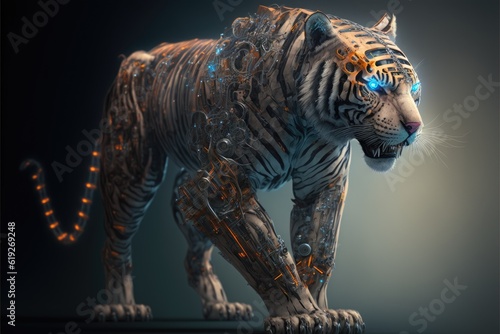 Tiger with cybernetic implants and robotic parts. Full length 3d portrait. © Nektarstock