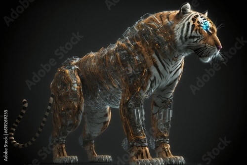 Tiger with cybernetic implants in body. Isolated background.