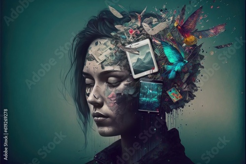 Portrait of woman with mind in turmoil. Digital overload concept. Surrealism painting. photo