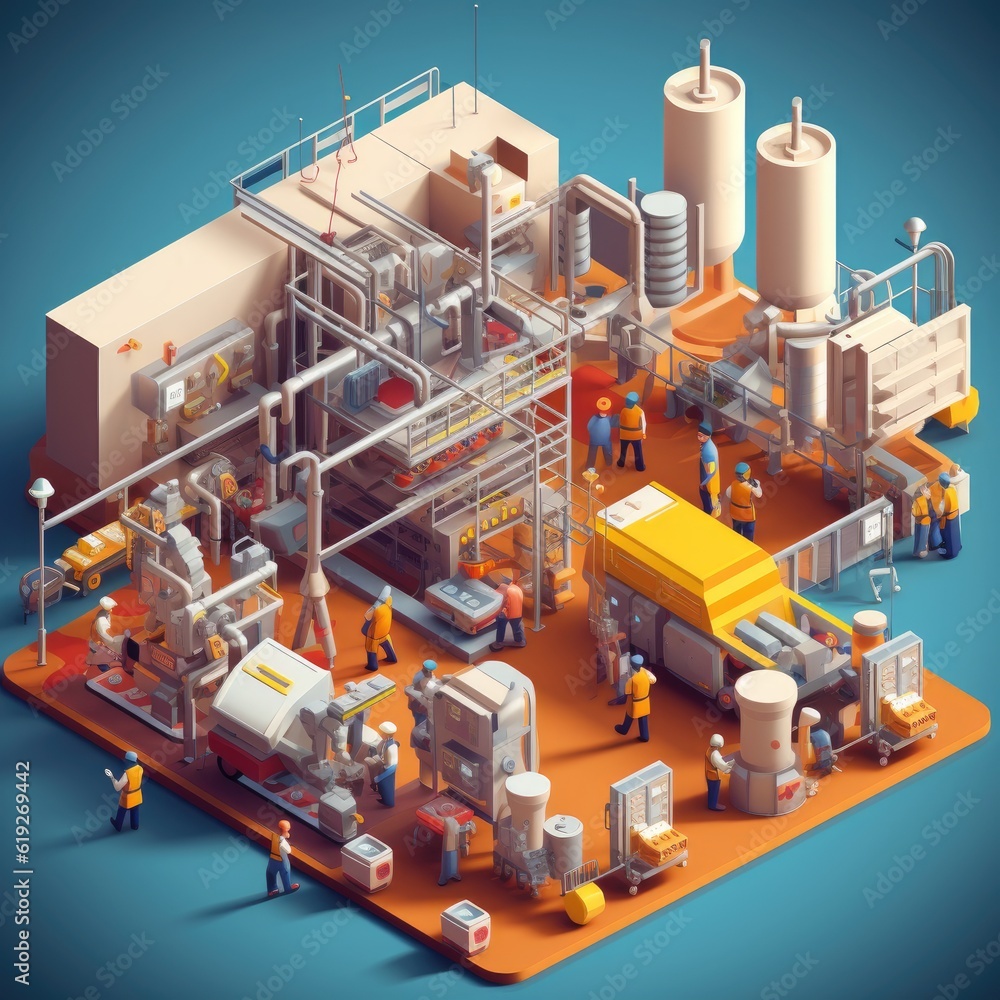 Obraz premium A manufacturing plant depicted in an isometric illustration showcasing production lines machinery and workers assembling products generative AI