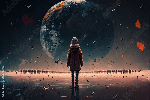 Child standing alone facing planet
