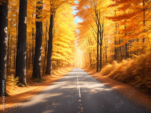 Autumn Scene with a road in forest generative ai