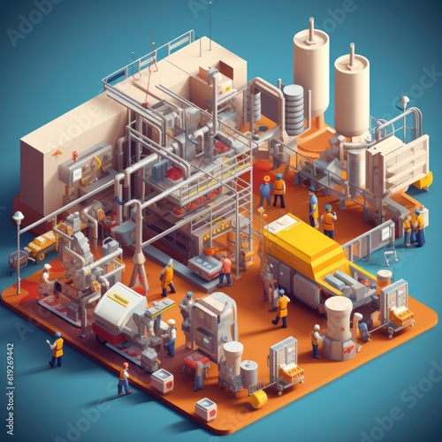 A manufacturing plant depicted in an isometric illustration showcasing production lines machinery and workers assembling products generative AI