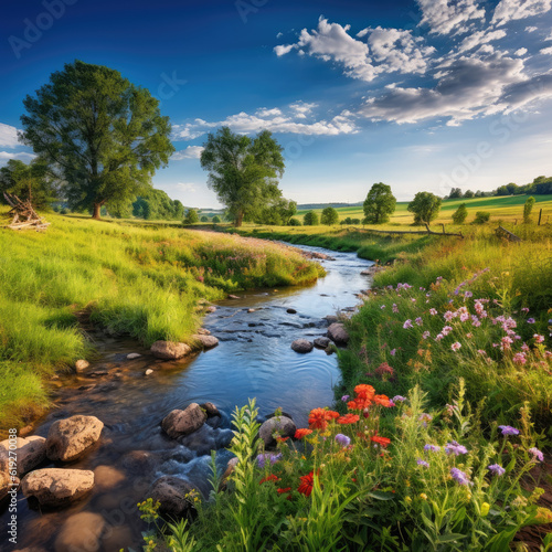 A peaceful and serene countryside landscape with a winding river vibrant wildflowers and a clear blue sky generative AI