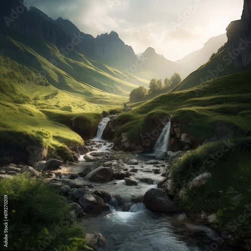 A peaceful and serene mountain landscape with a cascading waterfall invoking a sense of tranquility and rejuvenation generative AI