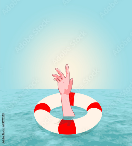 Hand of drowning person and lifebuoy. Life saving in sea or ocean. Psychology concept of depression