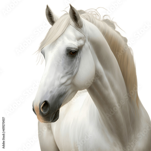 Portrait of a white horse isolated on white background, transparent cutout