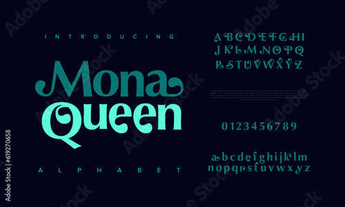 Monaqueen premium luxury elegant alphabet letters and numbers. Elegant wedding typography classic serif font decorative vintage retro. Creative vector illustration