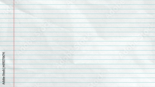 Notebook paper motion background, with looping crumpled textured effect. Blue ruled, lined paper with red margin. Seamless school exercise book animation. 