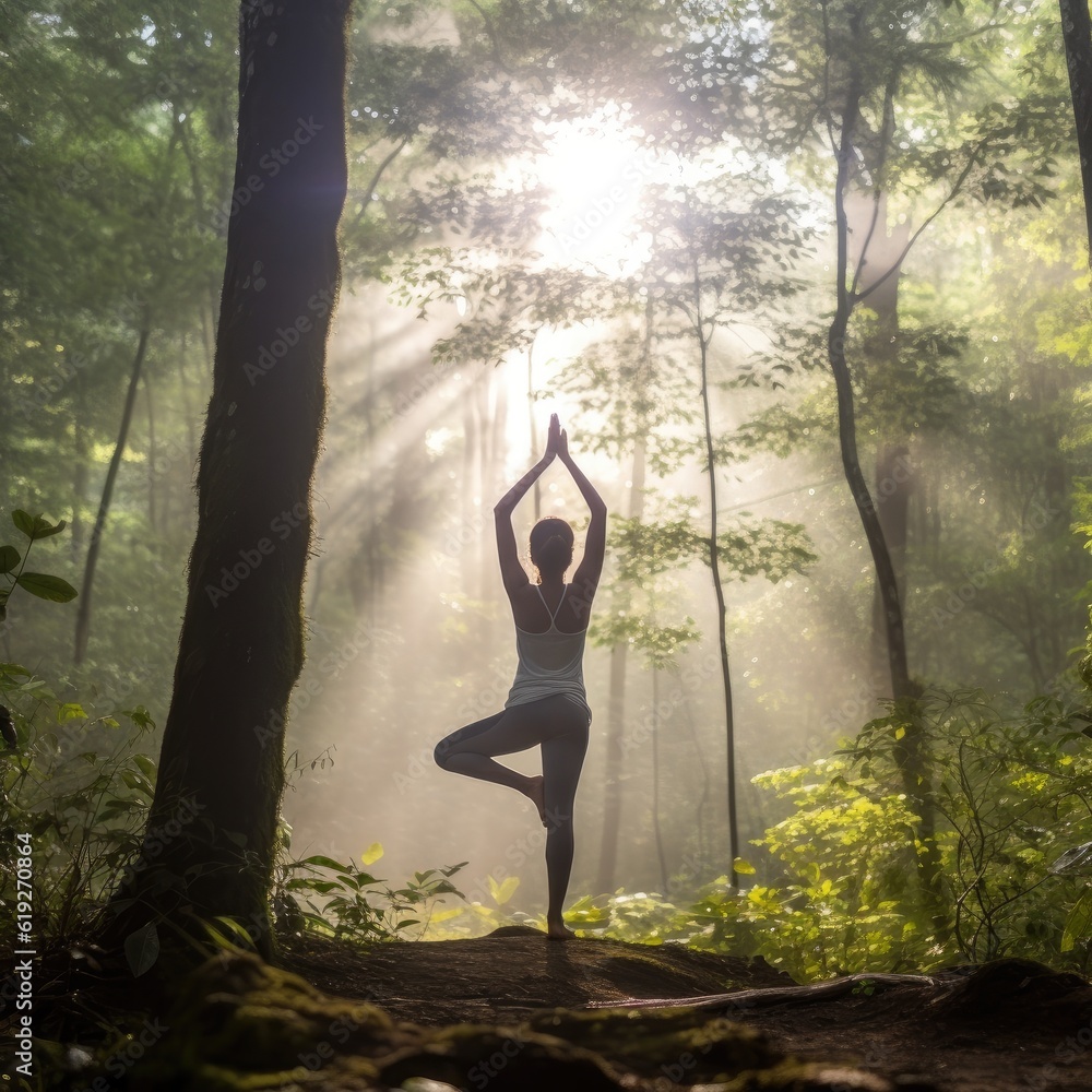 A person practicing yoga in a tranquil forest connecting with nature and finding inner balance  - obrazy, fototapety, plakaty 