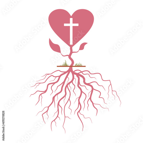 Heart shaped tree with christian cross and curled roots. Christianity concept illustration.
