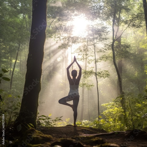 A person practicing yoga in a tranquil forest connecting with nature and finding inner balance 