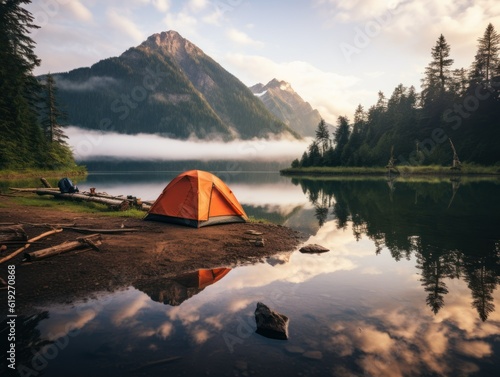 Camping tent in the mountains in front of a lake. Generative AI illustration.
