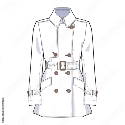 Trench coat front view fashion flat sketch for Tech Pack. Belt, pockets, CAD drawing, black and white, vector graphics for garment production apparel brand, womenswear, outer, classic style photo