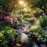 A serene and peaceful garden with a gentle stream and blooming flowers promoting relaxation and mindfulness generative AI