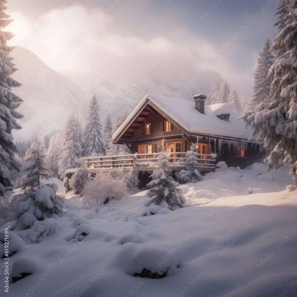 A snowcovered alpine landscape with a cozy mountain cabin A snowcovered alpine landscape with a cozy mountain cabin