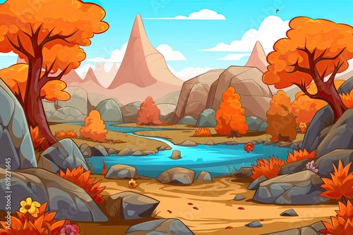  scenic landscape with a flowing river, rocky terrain and lush green trees. Generative AI