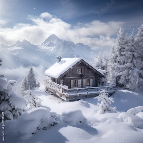 A snowcovered alpine landscape with a cozy mountain cabin 